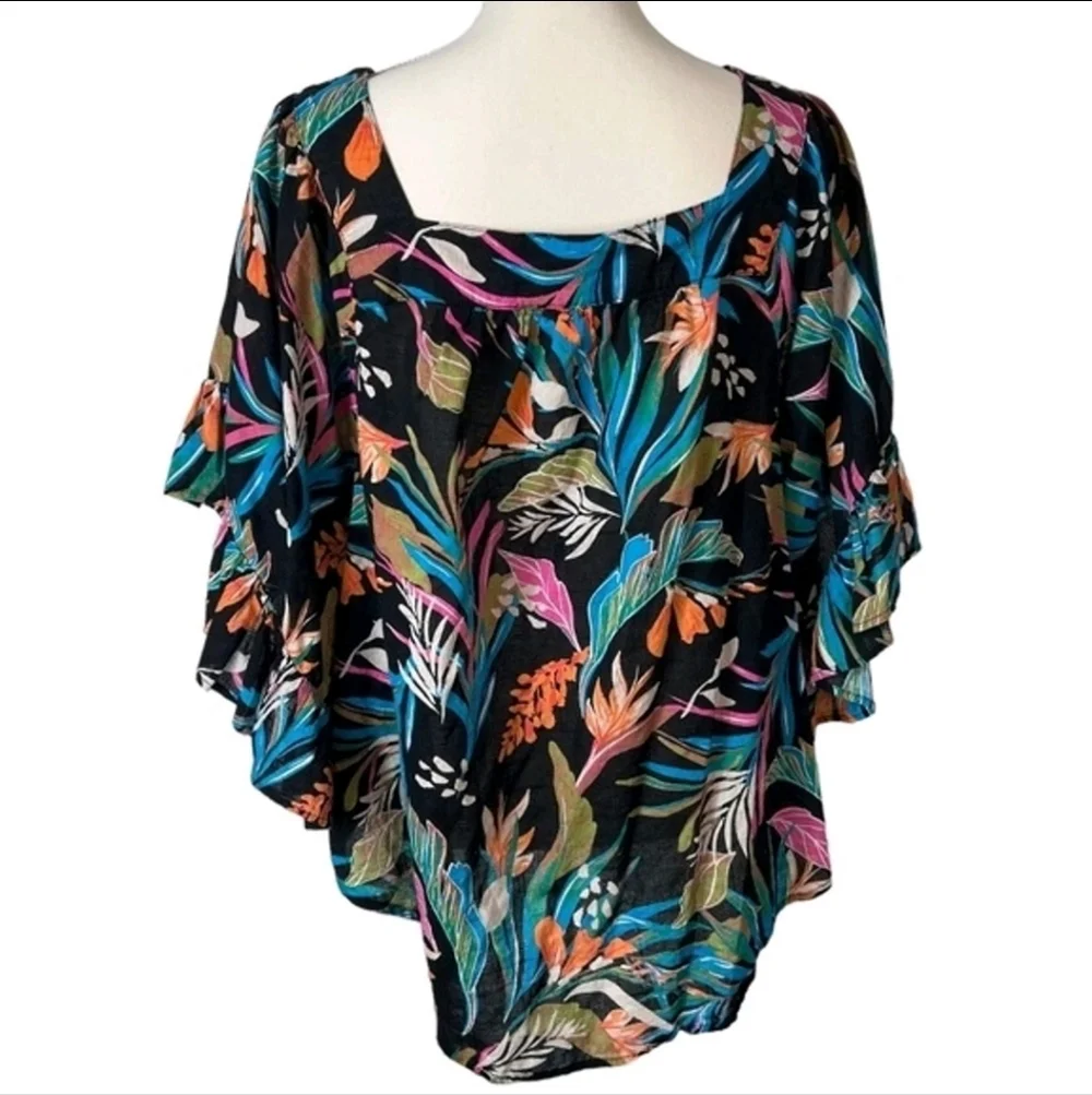 Plus Size Floral Cotton Blouse Square Neck Bell Sleeve Top Artsy Cottagecore NWT